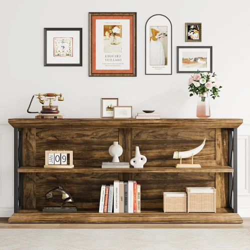Vista 8 de Mesa de consola larga de 63 pulgadas con 3 niveles de almacenamiento para entrada, mesa de sofá de madera detrás del sofá para pasillo de sala