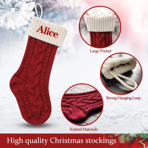 Vista 2 de Medias de Navidad personalizadas, medias de Navidad grandes de punto con bloques de color, medias de Navidad familiares con nombre, medias colgantes