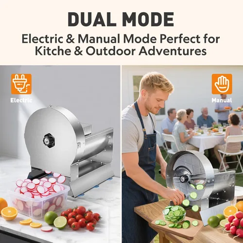 Vista 6 de Cortadora de verduras eléctrica y manual comercial, 0–13mm, máquina de corte de frutas de acero inoxidable comercial 2-EN-1, cortador de alimentos