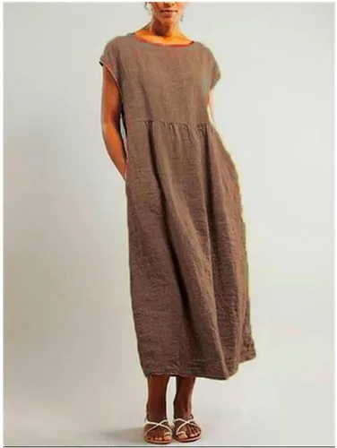 Vista 2 de Akivide Vestido de lino y algodón para mujer, para verano, playa, casual, holgado, sin mangas, cuello redondo, holgado, con bolsillos