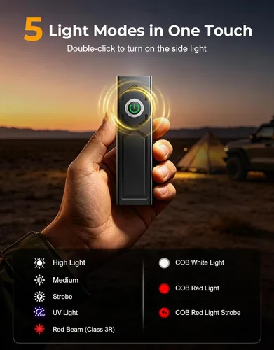 Vista 2 de Linterna de bolsillo EDC recargable de 1300 lúmenes, linterna LED magnética plana y con clip con foco 5 en 1/UV/haz rojo/reflector para campamento
