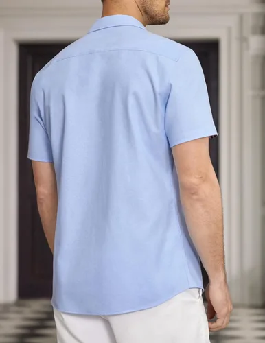 Vista 3 de COOFANDY Camisa de vestir Oxford de manga corta para hombre, camisa de trabajo con botones de cambray, camisas casuales con cuello a cuadros