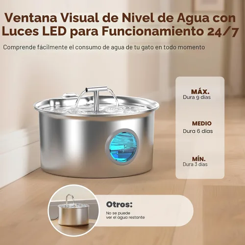 Vista 3 de Fuente de agua para gatos de acero inoxidable: fuente para gatos de 2,6 L para beber - Fuente de agua para mascotas para gatos en interiores - Tazón