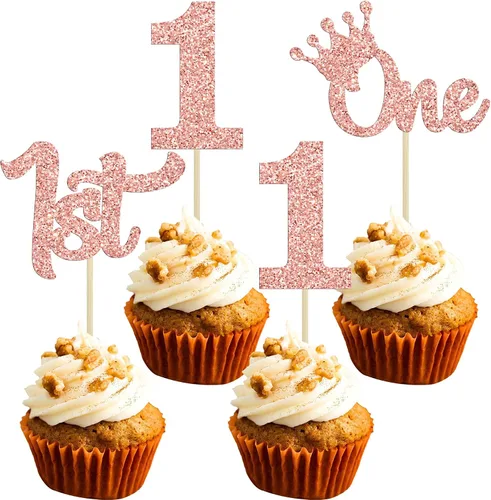 Vista 20 de 24 adornos para cupcakes de primer cumpleaños con purpurina para decoración de pastel de primer cumpleaños, selecciones de cupcakes para niños, baby