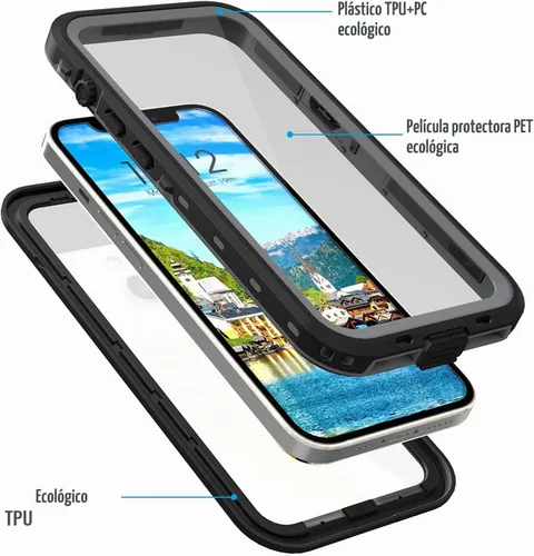 Vista 5 de Funda para teléfono impermeable Compatible con iPhone 13, Funda de teléfono a prueba de agua, golpes y polvo IP68 con protector de pantalla Negro