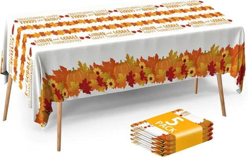 Vista 12 de ATFUNSHOP Mantel de Acción de Gracias, paquete de 2 manteles desechables de 54 x 108 pulgadas, suministros para fiestas, calabazas, hojas de otoño