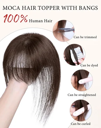 Vista 4 de Toppers de cabello humano real para mujer – 3603D cubierta con clip en flequillo para uso diario (marrón oscuro)