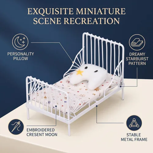 Vista 10 de Cama de metal para casa de muñecas de 1/12, almohada con patrón de estrellas, muebles en miniatura para coleccionistas, constructores de modelos