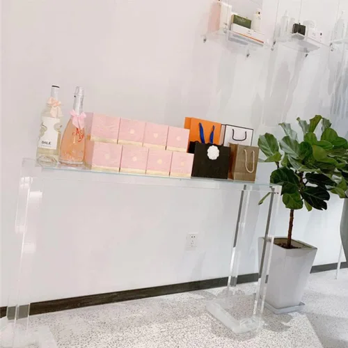 Vista 3 de Mesa decorativa rectangular de acrílico moderna con 1 estante para pasillo, entrada de acrílico moderno, sala de estar, mesa larga de entrada, mesa