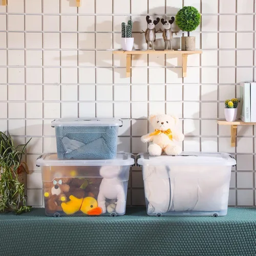 Vista 6 de Sadnyy Paquete de 4 cajas de almacenamiento de plástico transparente apilables de plástico con tapas de pestillo y ruedas, cajas grandes