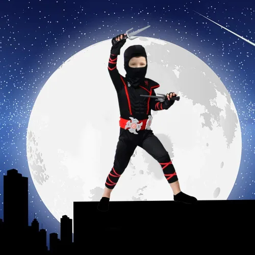 Vista 7 de Brwoynn Disfraz de Ninja Deluxe de Halloween para niños con accesorios de espuma Ninja
