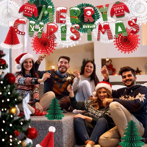 Vista 5 de Decoraciones de fiesta de Navidad, pancarta de Feliz Navidad, panal de abeja, sombreros de Papá Noel, árboles, copos de nieve, abanicos de papel