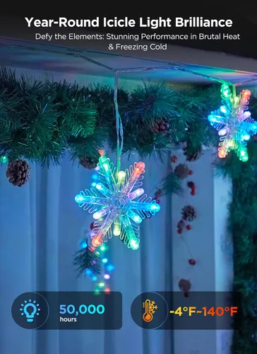 Vista 7 de Brightown - Luces colgantes inteligentes de copo de nieve, 12 pies, 96 ledes, 8 gotas, sincroniza con música, control desde la app, impermeable, más