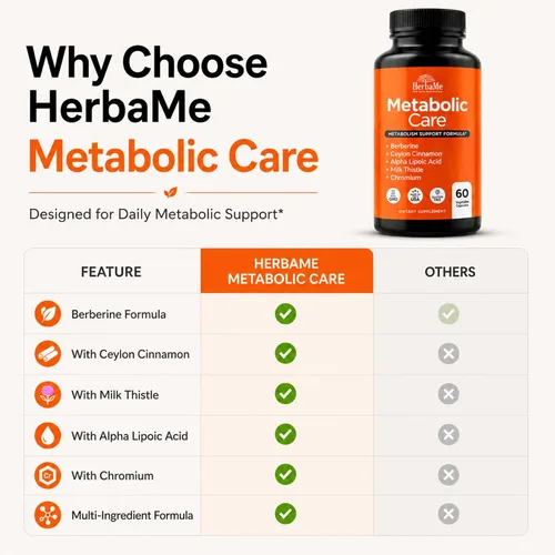 Vista 4 de HerbaMe Suplemento de berberina con canela de Ceilán, cromo, ácido alfa lipoico, cuidado metabólico apoya el metabolismo y la salud cardiovascular