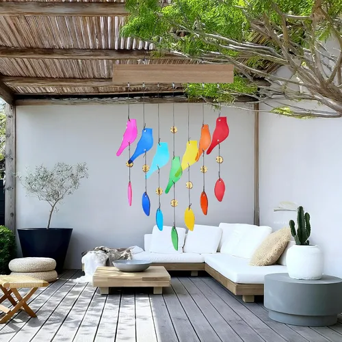 Vista 4 de Campanas de viento de vidrio coloridas para jardín y patio al aire libre - Campana de viento con diseño de pájaro hecha a mano, regalo perfecto