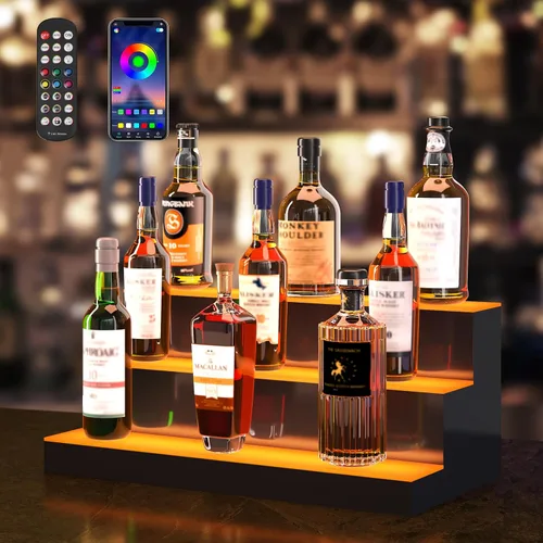 Vista 13 de VEVOR Pantalla de botella de licor con iluminación LED, 2 niveles de 30 pulgadas, compatible con USB, estante iluminado de bar para el hogar