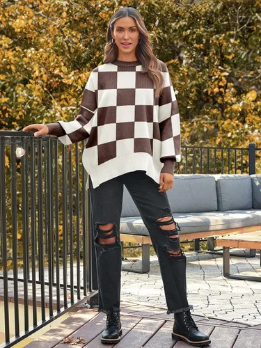 Vista 12 de Lillusory - Suéter extragrande con mangas de murciélago y cuello redondo para mujer, prenda moderna de otoño de tejido de punto sin botones
