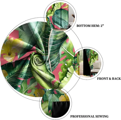 Vista 5 de Renaiss Cortinas de plantas tropicales, hojas de palma verdes y flores amarillas, cortinas opacas con ojales en la parte superior, 45 pulgadas