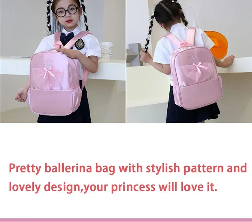 Vista 4 de Mochila de nailon para niñas, bolsa de almacenamiento de ballet rosa, decoración de lentejuelas, bolsa de escuela para niños, Rosado, Fresco y dulce