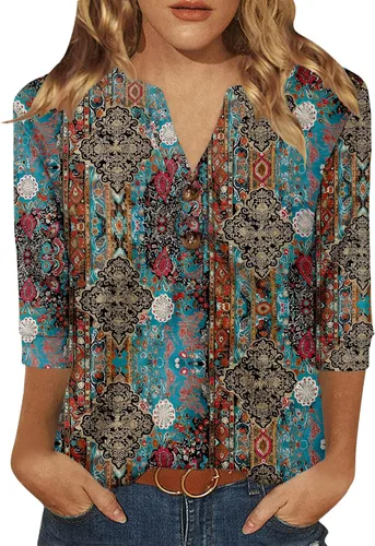 Vista 10 de Dimur Camisetas de manga 3/4 con cuello en V y botones para mujer, traje casual de negocios, camiseta básica de verano 2025