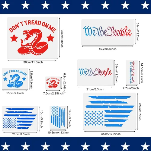 Vista 2 de 9 plantillas de bandera estadounidense – We The People & Don't Tread On Me plantillas de trazado reutilizables para adultos, álbumes de tarjetas