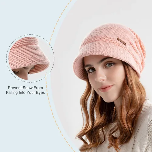Vista 3 de Gorro de punto con forro polar para mujer, con visera y visera para invierno, para clima frío