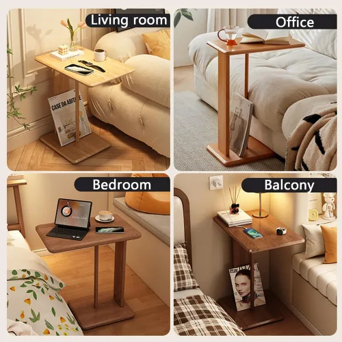 Vista 7 de Mesa Auxiliar En Forma De C De Madera De Caucho, Mesa Auxiliar Pequeña Con Bandeja Para TV Para Sofá, Sala De Estar, Dormitorio, Mesa De Sofá Nogal