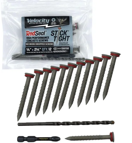 Vista 10 de Conjunto de tornillos de concreto Velocity 2 1/4 (Cabeza plana, 1/4") – Incluye 12 piezas de tornillos de mampostería de alto rendimiento