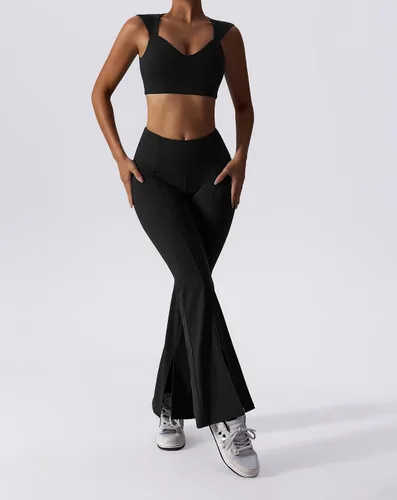 Vista 3 de ABOCIW Conjuntos de entrenamiento para mujer, 2 piezas, leggings acampanados de cintura alta, dobladillo con abertura, cuello en V, brasier