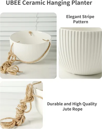 Vista 8 de UBEE Macetas colgantes de cerámica para interiores y exteriores, maceta colgante de 7.5 pulgadas + 6.5 pulgadas para plantas, cesta colgante