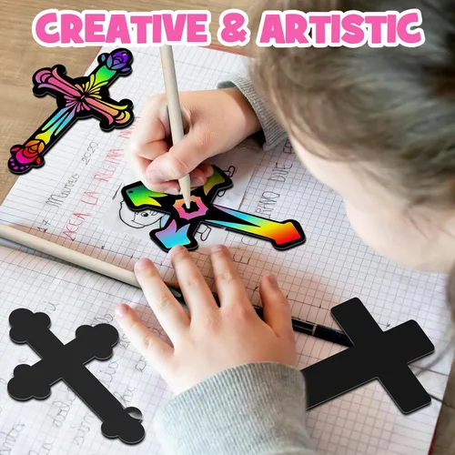 Vista 3 de ZMLM Regalos cristianos para niños: 60 piezas de adornos de cruz para rascar, arco iris, juego de papel para rascar para aula, recuerdo de fiesta