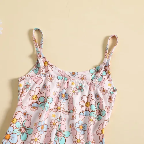 Vista 6 de YOKJZJD Traje de Pascua para bebé niña pequeña, sin mangas, overol de conejo, pantalones acampanados, leggings