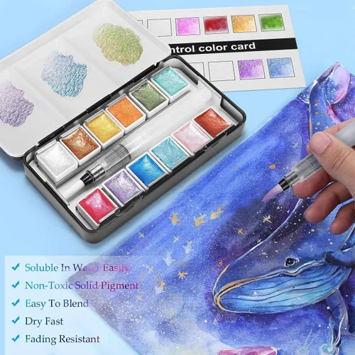 Vista 4 de Emooqi Juego de pinturas de acuarela, pintura sólida de acuarela con purpurina metálica, incluye 12 colores metálicos con purpurina, 2 pinceles