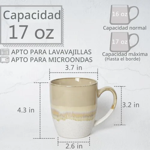 Vista 2 de Bosmarlin Juego de 4 tazas de café de cerámica, 17 oz, tazas de café con asa grande, aptas para microondas, esmalte reactivo único Marrón Gris