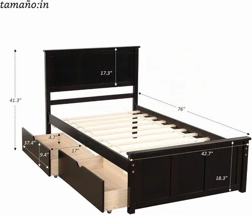Vista 2 de P PURLOVE Marco de cama de tamaño individual con dos cajones debajo, marco de cama de plataforma doble de madera con cabecera con soporte de Espresso
