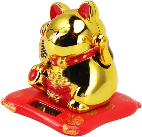Vista 9 de Adorno de gato de la suerte alimentado por energía solar, gato de la fortuna agitando con cara sonriente, diseño de bolsa de bendición dorada