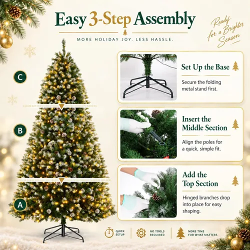 Vista 6 de Árbol de Navidad artificial esmerilado preiluminado con piñas, 7.5 pies Verde con piñas
