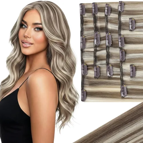 Vista 33 de Ve Sunny Extensiones de cabello clip-in de cabello humano real con reflejos, extensiones de cabello con clip para cabello corto, marrón oscuro