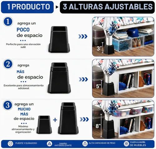 Vista 9 de Home It Elevadores de cama ajustables, elevación en 3, 5 u 8 pulgadas, elevadores de muebles apilables resistentes que soportan 1,300 libras