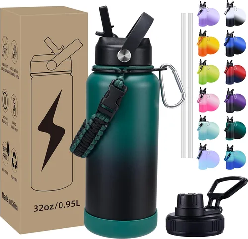 Vista 17 de Botella de Agua Aislada, botellas de agua de boca ancha de acero inoxidable de 32 onzas con 2 tapas a prueba de fugas y mango de paracord, botella
