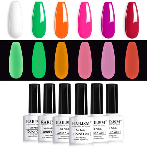 Vista 11 de RARJSM Juego de esmaltes de uñas de gel con purpurina reflectante, 6 colores brillantes plateados, champán, dorado, rosa, naranja, negro, rojo