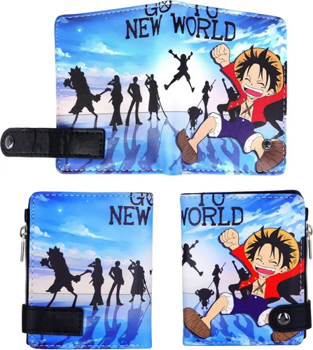 Vista 4 de Cartera corta de piel sintética de viaje con bolsillo para monedas con cremallera, Luffy B, Casual