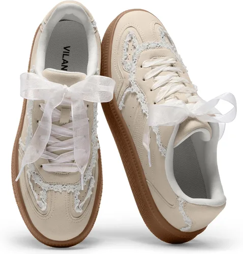 Vista 9 de Vilanva Zapatillas de moda con detalle de encaje para mujer, zapatillas casuales cómodas de vestir con suela de goma retro, calzado de moda
