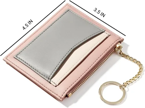Vista 2 de Cartera pequeña con llavero para mujer, tarjetero minimalista con monedero, bonita cartera delgada para mujeres y hombres, Rosado