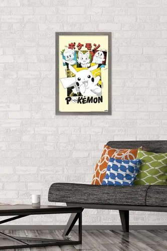 Vista 2 de Trends International Pokémon - Póster de pared de anime Sonrisas, 22.4 pulgadas de largo x 14.7 pulgadas, versión enmarcada de madera de granero