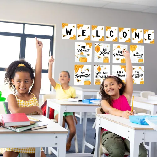 Vista 9 de Decorably 15 carteles de bienvenida con temática de abejas para aulas, escuela primaria, secundaria, inspirador, laminado mate con diseño vibrante