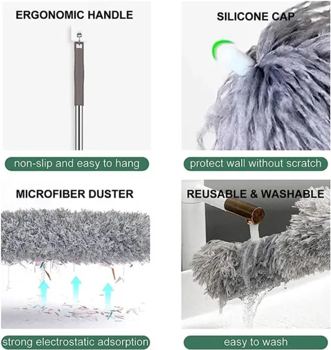 Vista 6 de Plumero de microfibra curvada retráctil lavable, plumero de microfibra con poste de extensión, plumero de plumas de microfibra, reutilizable
