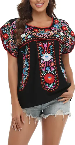 Vista 4 de YZXDORWJ Blusa de verano para mujer, estilo bohemio, estilo mexicano, con bordado, estilo bohemio