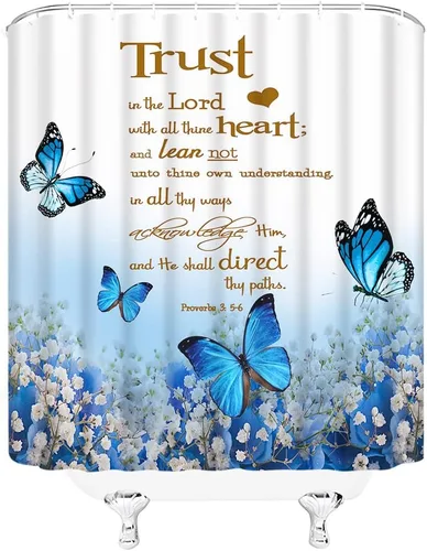 Vista 3 de GCTNBJL Cortina de ducha con cita inspiradora, diseño de mariposa y flores azules y verde azulado con texto en inglés "Trust in the Lord