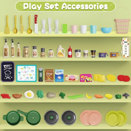 Vista 5 de Juego de Cocina para Niños, 63 Piezas de Juguetes de Cocina de Juego de Simulación para Niños Pequeños, Estufa de Cocina con Sonido de Vapor y Luz